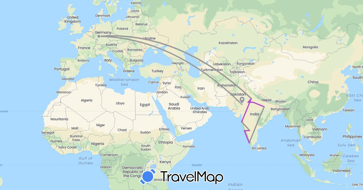 TravelMap itinerary: driving, plane, train in Germany, India (Asia, Europe)